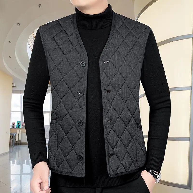 Autumn Winter Men Thicken Fleece Warm Cotton Coats Vests Streetwear Fashion Casual Male Clothes Slim Sleeveless Plaid Jackets winter korean style mens pullovers sweaters casual patchwork thick warm knitted sweater male plaid round neck sweater