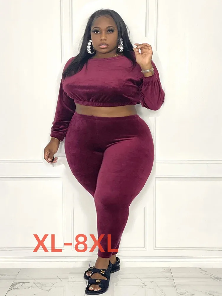 

Plus Size 4xl 5xl 6xl 7xl 8xl Elegant Pants and Blouse Set Long Sleeve Velvet 2 Piece Outfit Set Bohemian Women Two Pieces Sets