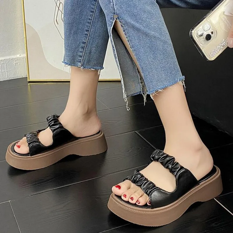 

Женские шлепанцы без застежки, шлепанцы в Корейском стиле, шлепанцы в римском стиле на платформе, спортивные сандалии-гладиаторы на плоской подошве, Новинка лета 2023