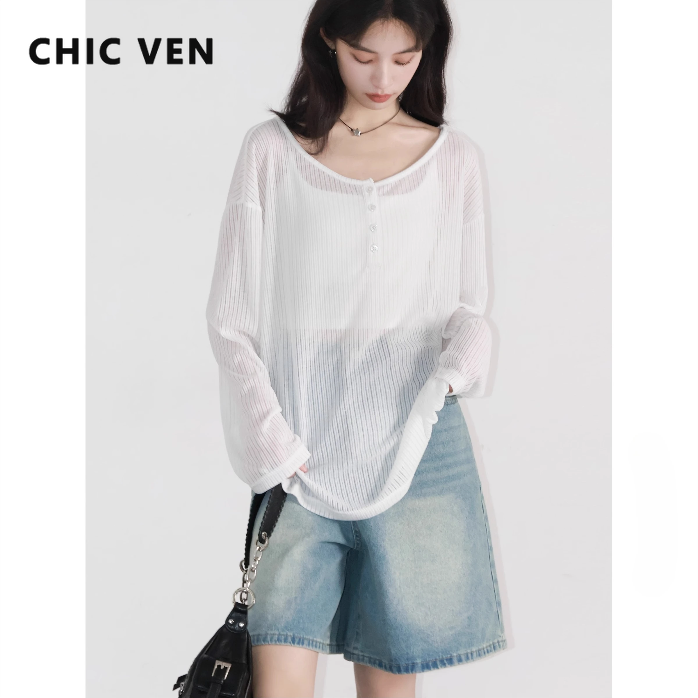 CHIC VEN Frauen T-Shirts Casual Lose Neue Etwas Transparent O Hals Weibliche Top Dünne Sonnenschutz Tees Frühling Sommer 2025