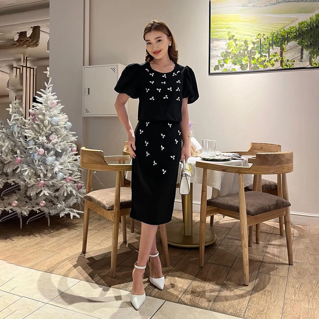 

OEING O-Neck Korea Garden Evening Dresses Crystal Short Sleeves Formal 프롬드레스 Tea Length Elegant Prom Gowns Party Women Bride