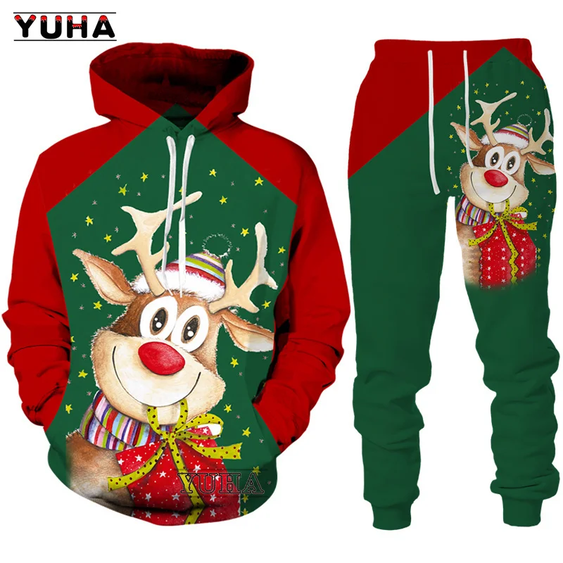 Christmas Elk Printed Hooded Sweatshirts Men's and Women's Leisure Hoodies Fashion Hip Hop Style Red Pullover Autumn Two Suit