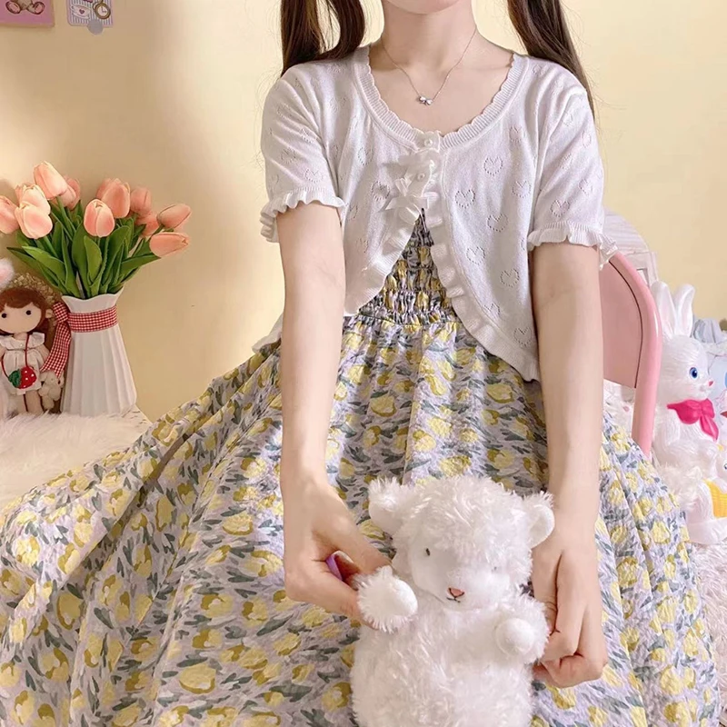 Cute Knitted Cardigan Women Pearl Button Bow Decoration Heart Hollow Out Short Sweater for Sweet Girl Kawaii Clothes