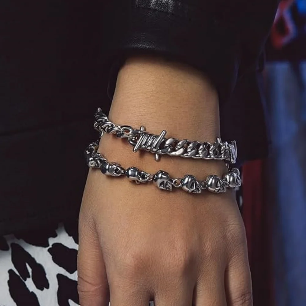 Edelstahl Dornen-Kubanische Gliederketten-Armbänder für Männer und Frauen, Stacheldraht-Ketten-Armbänder, Verstellbarer Punk-Emo-Stil Schmuck – Detail 7