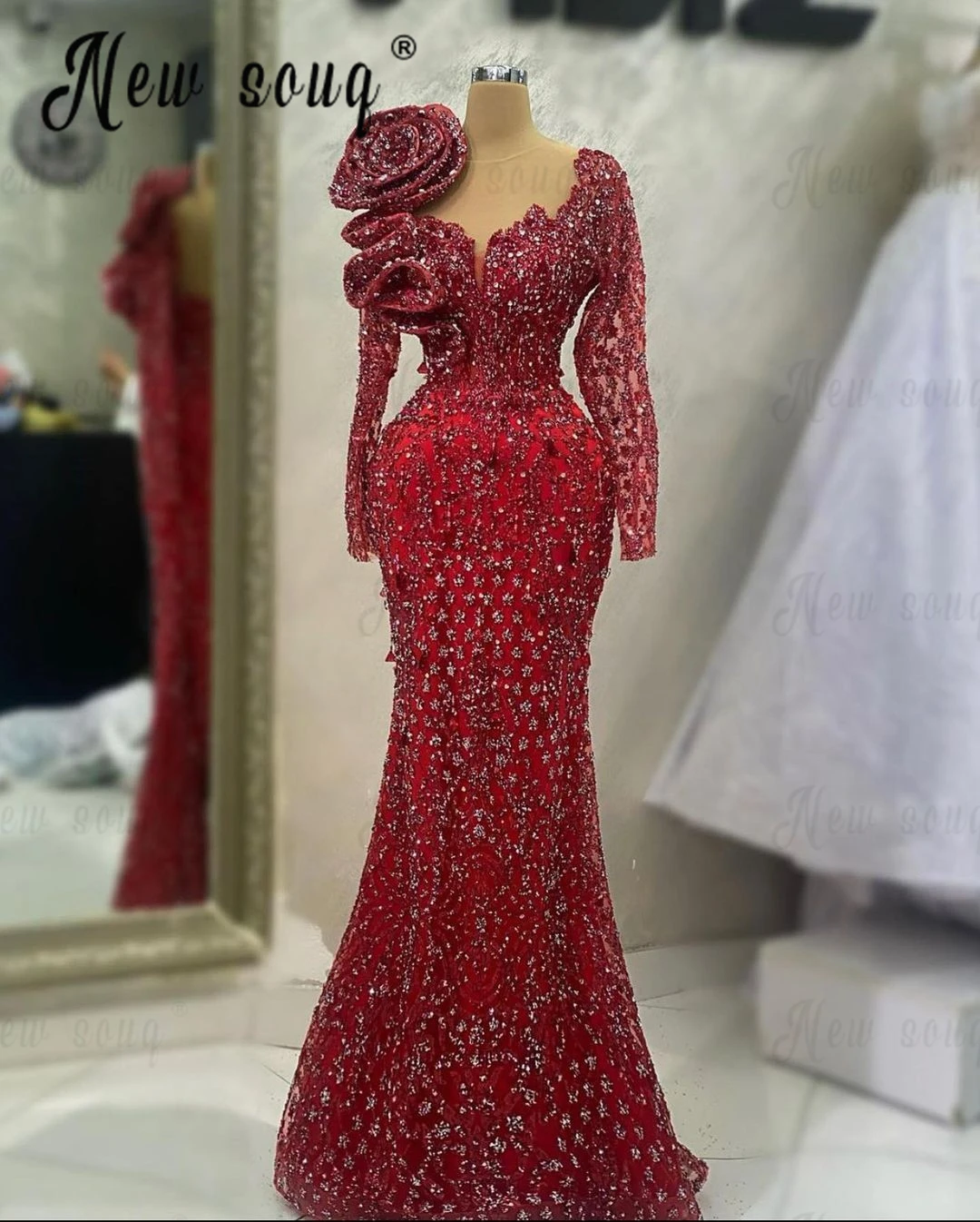 

Красное Великолепное вечернее платье с длинным рукавом, свадебные вечерние платья с бисером, индивидуальный пошив, праздничные платья Дубая