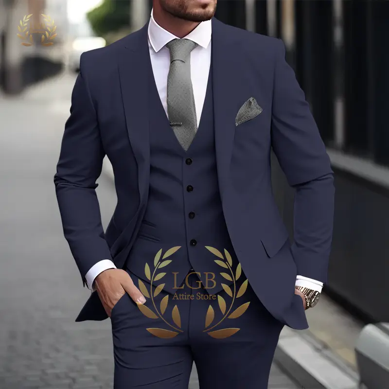 Men's Khaki 3-Piece Suit Classic Peak Lapel Business Formal Wedding Groom Slim Fit Elegant Gentleman Style Fashion Blazer - Image 3
