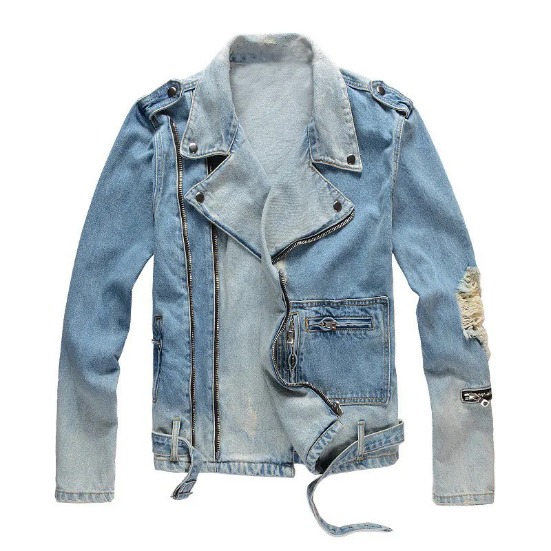 

Luxury Brand Zippers Denim Biker Jacket For Motorcycle Blue Denim Streetwear Men Washed Hole Coats Versatile Ripped Jean Clothes