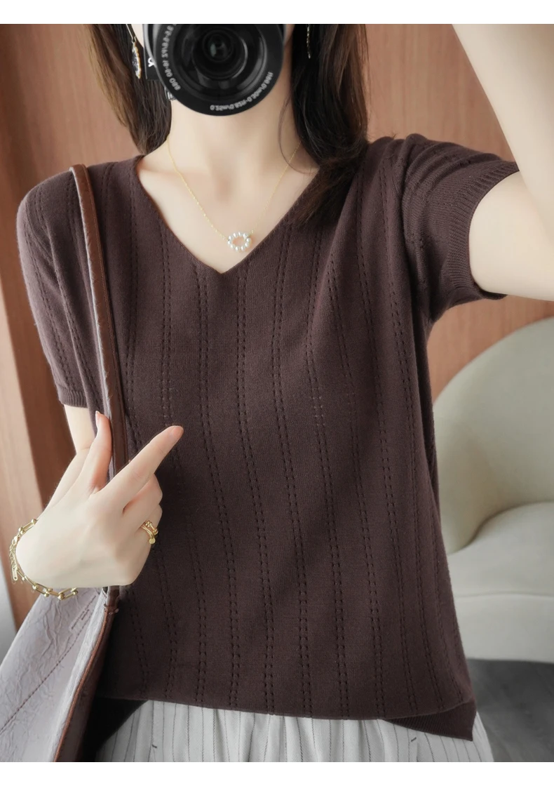 Summer New Thin 100% Pure Cotton Short-Sleeved Sweater Tees Women's V-neck Pullover T-Shirt Hollow Design Casual Knit Tops