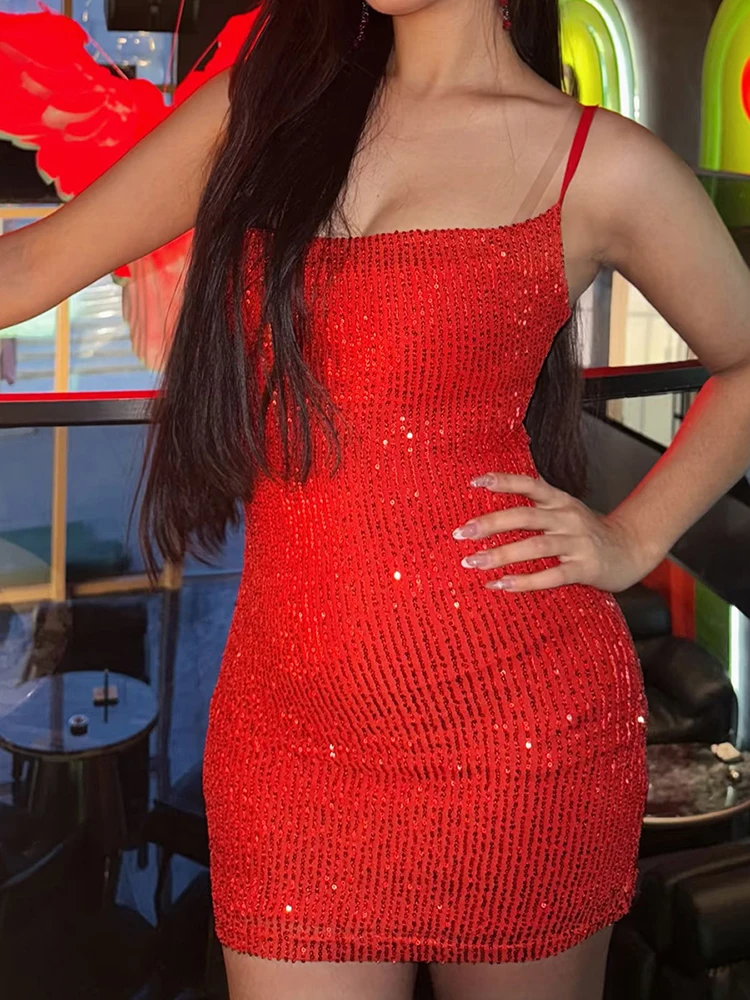 Nibber Square Collar Dress Women Sexy Sequin Valentine's Day Trend Sleeveless Stretch Skinny Party Club Peach Hip Mini Bodycon