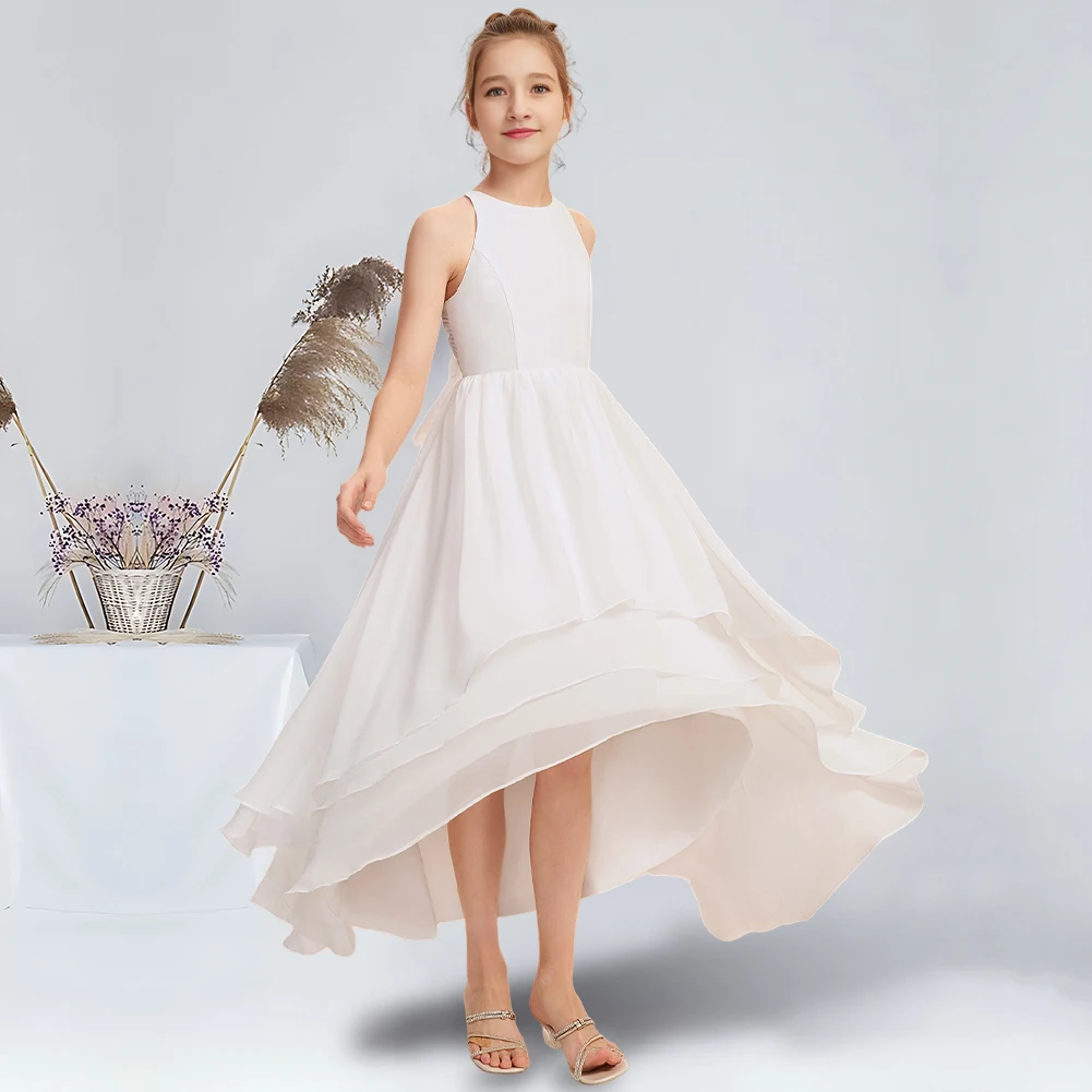 

A-line Scoop Asymmetrical Chiffon Junior Bridesmaid Dress Ivory Flower Girl Dress for Wedding Party Dress For School Dance Teens