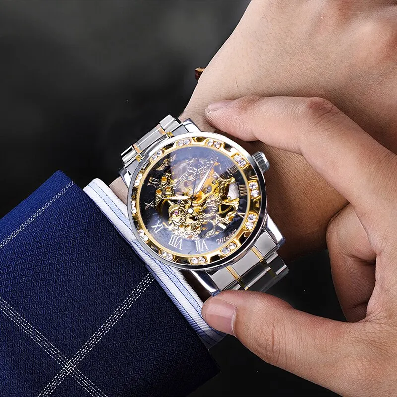 Mechanical Watch Men 1pc Silver Exquisite Diamond Gear Movement Business Luxury Gift