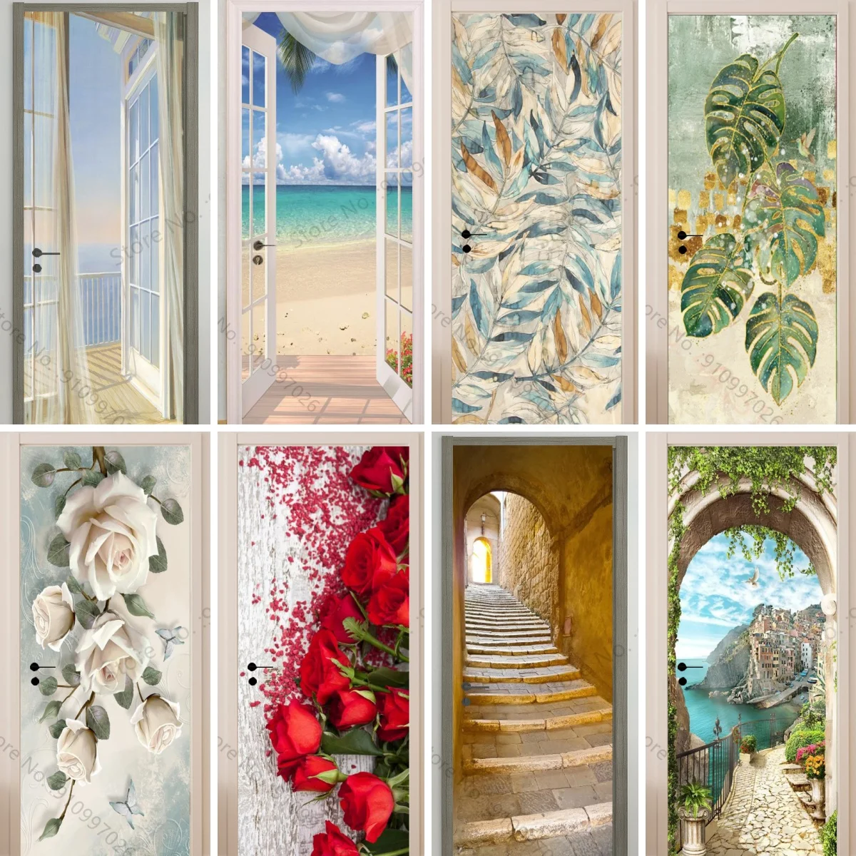 3D Window View Door Stickers PVC Poster Art Flower Arch Stair Wallpaper Home Decoration Apartment Refrigerator Door Stickers