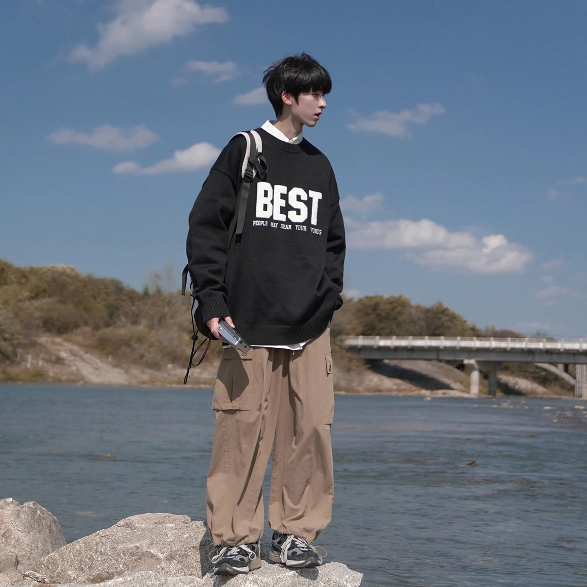 Men’s Half-Black Half-White Sweater & Trouser Set – Minimal Embroidery | Modern Ethiopian Style main image 0