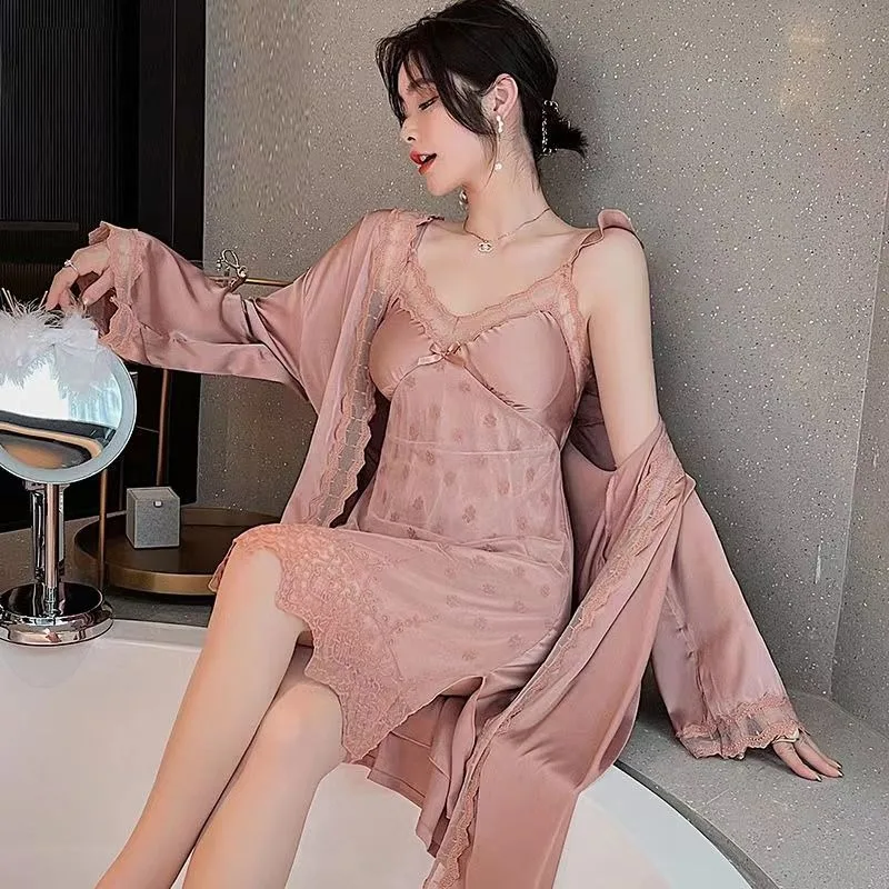 

Sex Appeal Female Summertime New Style Suspenders Bra Pad Lace Nightdress Two-piece Ice Silk Lnternet Celebrity Night Gown