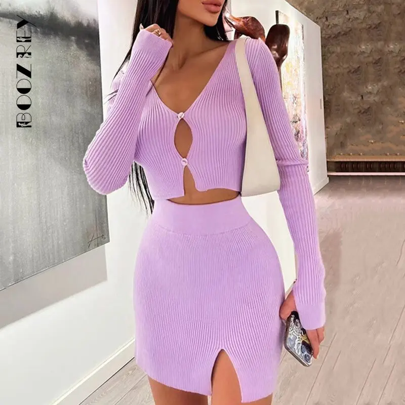 BoozRey Solid V neck Long-sleeve Single-breasted Top Mini Skirt Suit Women's Clothing Party Clubwear Split Knitted Skirt Sets