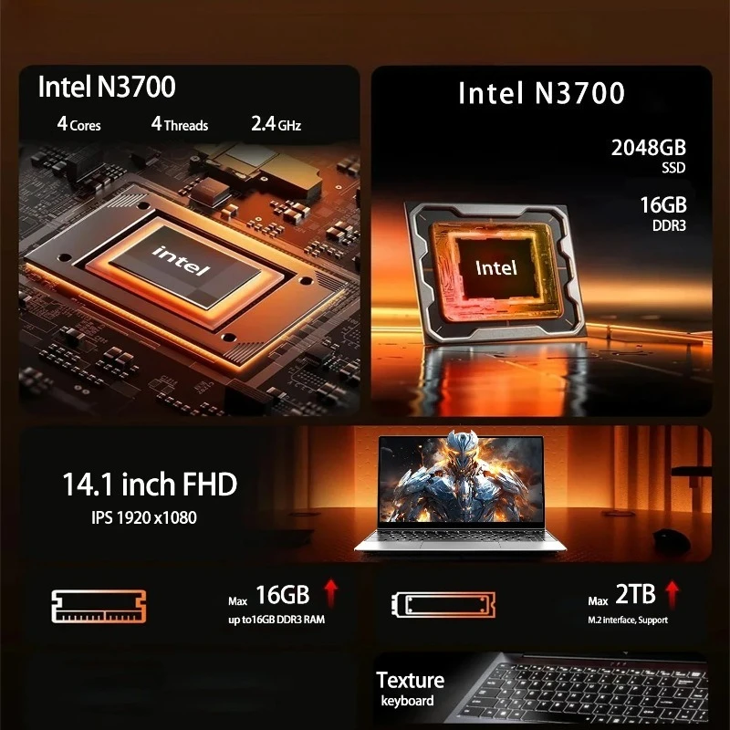 LENO 울트라 슬림 14.1인치 노트북 인텔 N3700 16GB 1TB 게이밍 컴퓨터 PC 윈도우11 게이머용 사무용 울트라 슬림 노트북 1920*1080