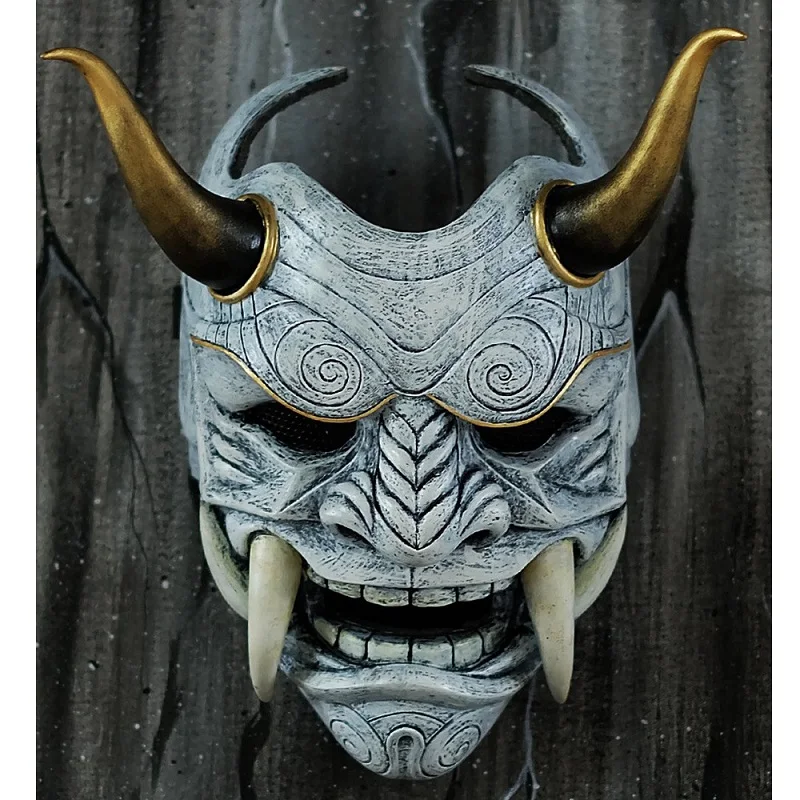 Prajna Maske Headwear Oni Samurai Kuh Teufel Grimasse Fangs Japanischen Cosplay Kostüm Requisiten Halloween Horror Dekor Hause Dekoration – Detail 1