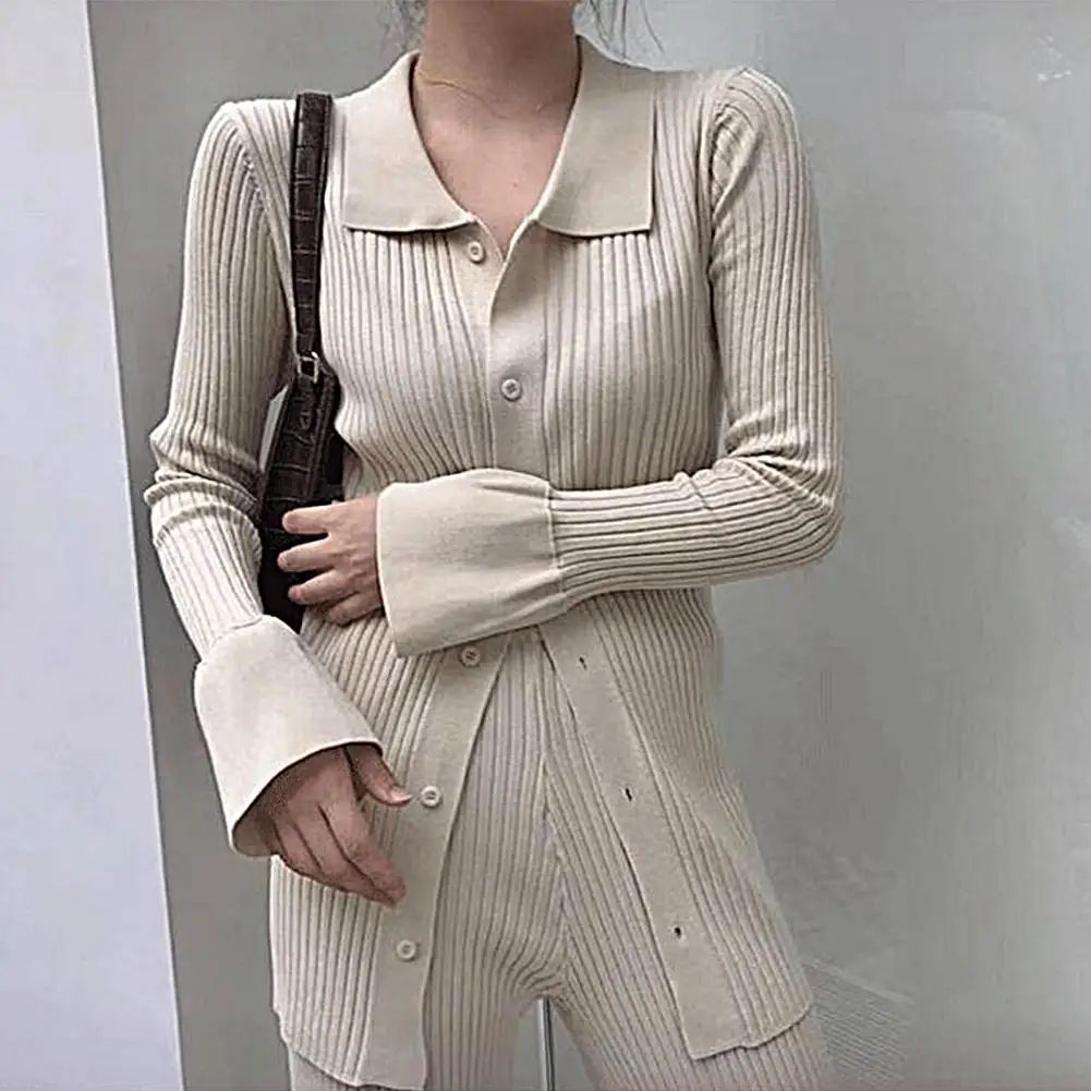 

Casual 2 Pcs/Set Trendy Flared Sleeves Women Sweater Trousers Suit Buttons Spring Coat Pants Set Slim Fit Female Clothes