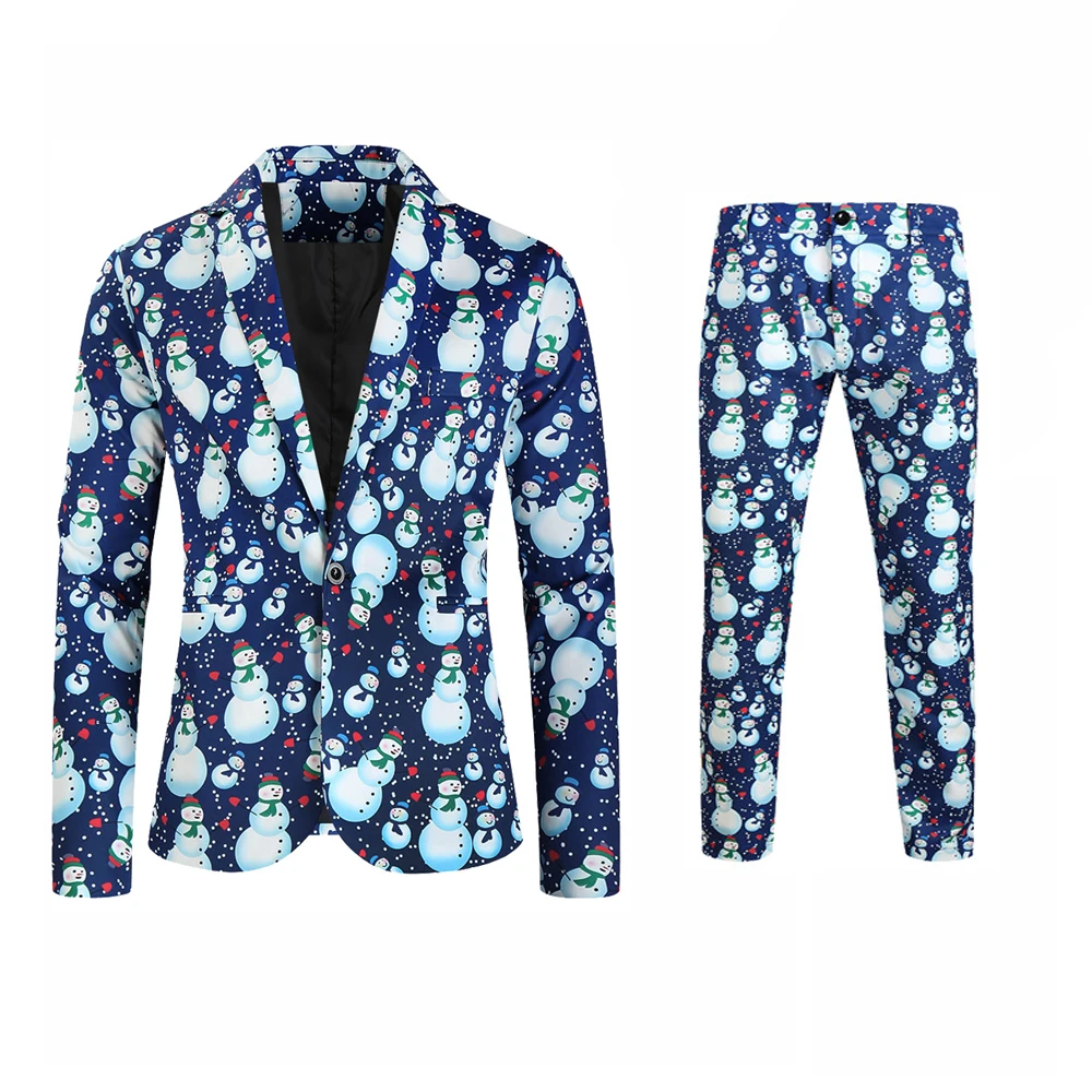 thumbnail image 1 of Traje navideño para hombre, 2 piezas, chaqueta de un botón, pantalones, blazer informal para hombre, conjunto con estampado divertido y feo de muñeco de nieve navideño, 1 of 5
