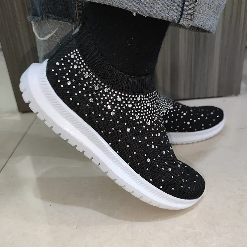 Women Shoes Shining Crystal Flats Spring Breathable Knit Platform Sneakers Comfortable Soft Bottom Non-slip