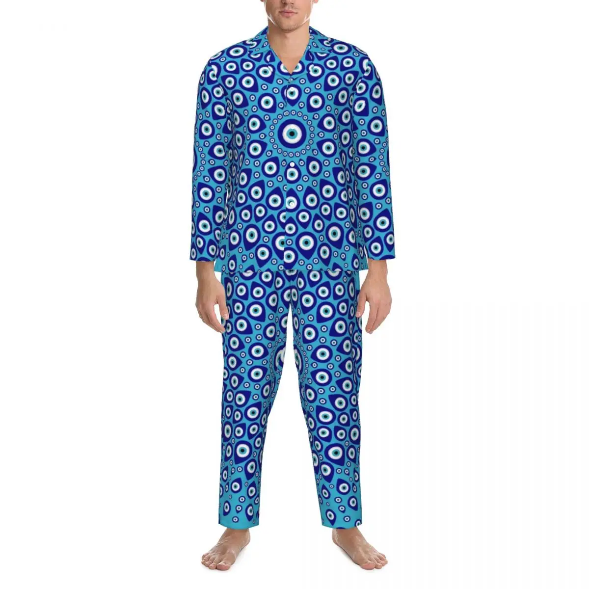 

Evil Eye Nazar Pajamas Men Greek Amulet Print Fashion Daily Sleepwear Spring 2 Pieces Vintage Oversize Custom Pajama Sets