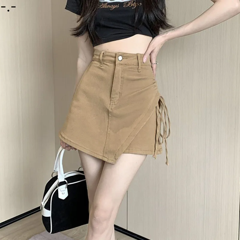 Design inspired high waisted denim short skirt, summer irregular solid color Korean style word wrapped hip skirt