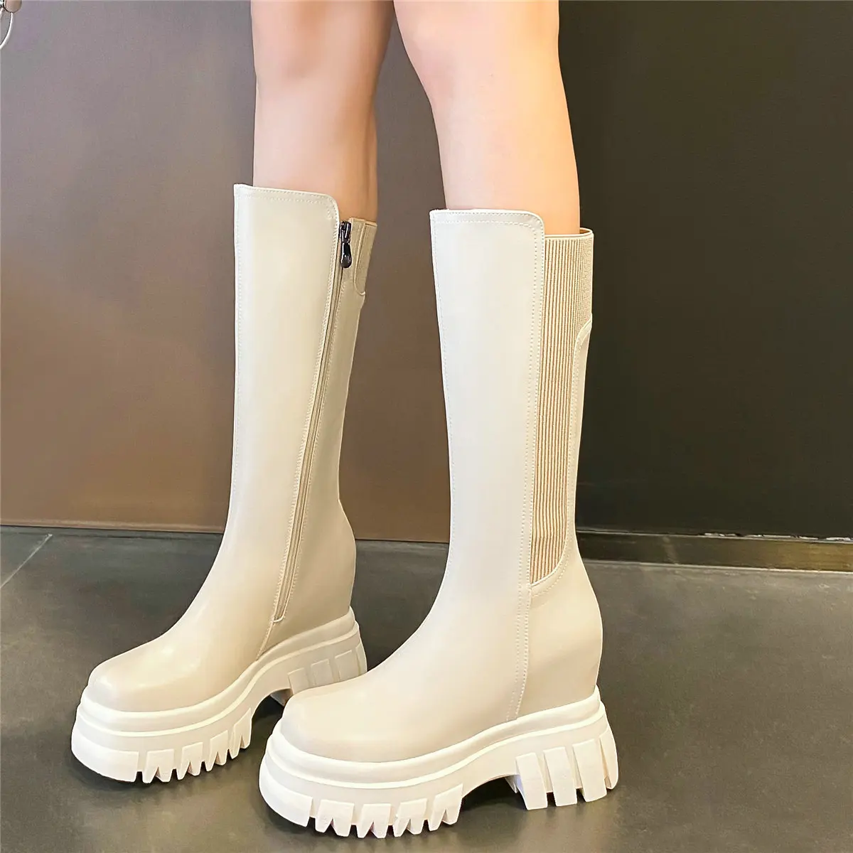 

Winter Creepers Women Genuine Leather Wedges High Heel Knee High Motorcycle Boots Female Round Toe Platform Pumps Casual Shoes