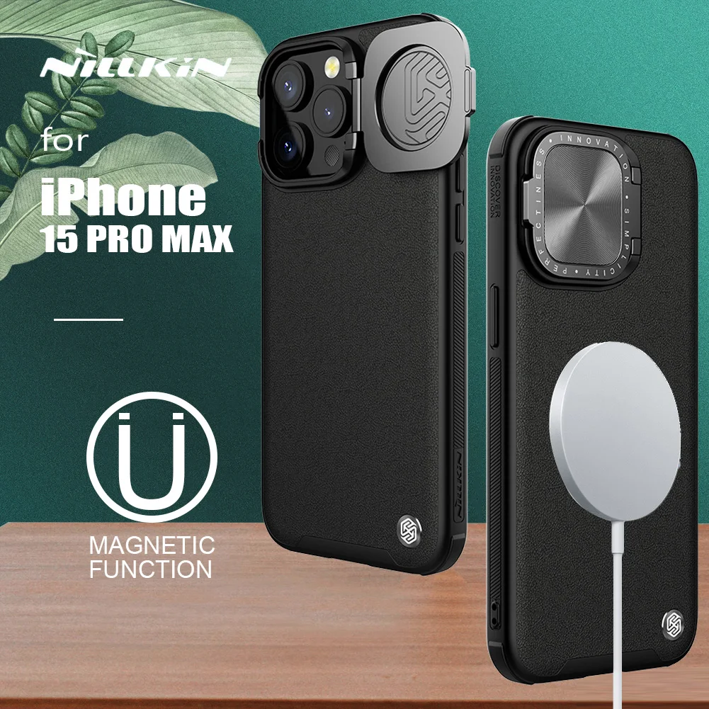

Nillkin for iPhone 15 Pro Max Case Camshield Prop Leather Magnetic Cover with Camera Stand Case for iPhone 15 Pro Lens Case