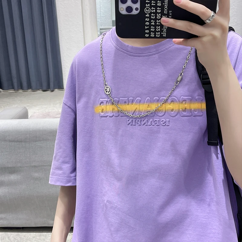 Embossed Letter Short Sleeve T-shirt Thin Fashion Simple Hiphop Chain  Design Top Oversize Summer Loose Casual O-neck Men Clothes