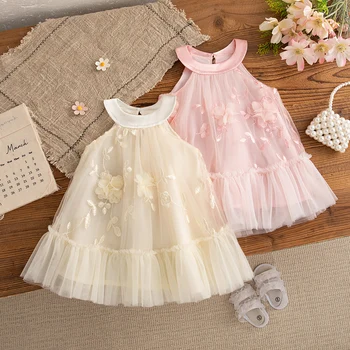 Baby Girl Dress Summer Floral Pattern Round Neck Sleeveless Mesh Puffy Girls Dress Cute Casual Baby Girl Princess Dresses 1