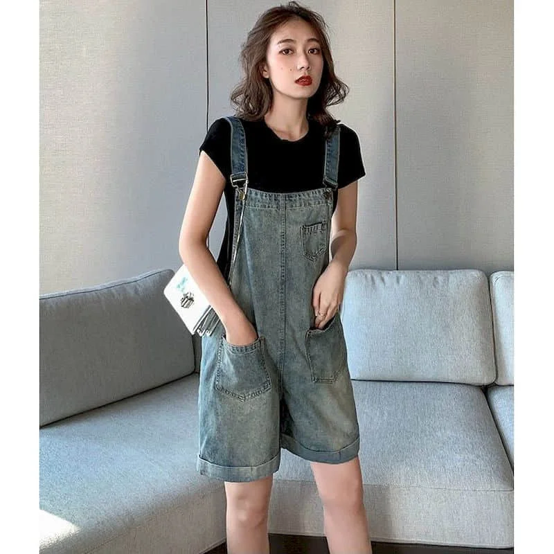 

Denim Jumpsuits Summer Oversized Five-point Pants Korean Style Wide Leg Shorts Loose Playsuits One Piece Outfits Women Clothing