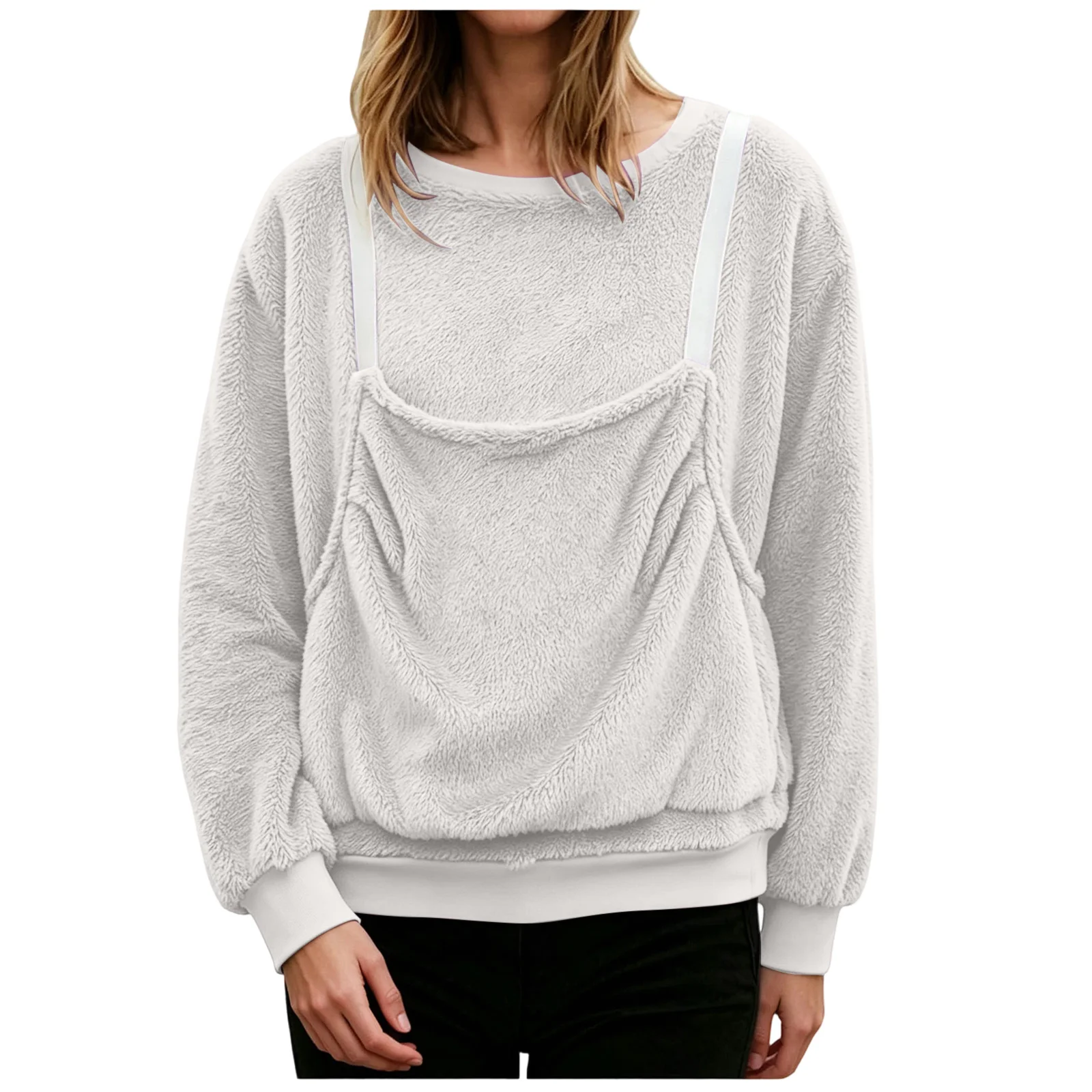 Women Fall And Winter Casual Plush Solid Color Pet Pocket Crew Neck Hoodless Sweatshirt Funny Jogging Suits Women Petite