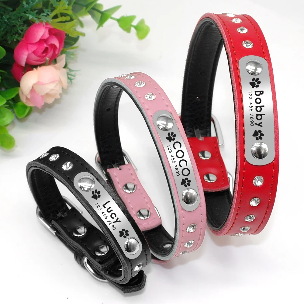 Personalized Dog Cat Collar Adjustable Cat Crystal Collars Anti-lost Leather Puppy Cats Necklace Bowtie Rhinestone Accessories 5