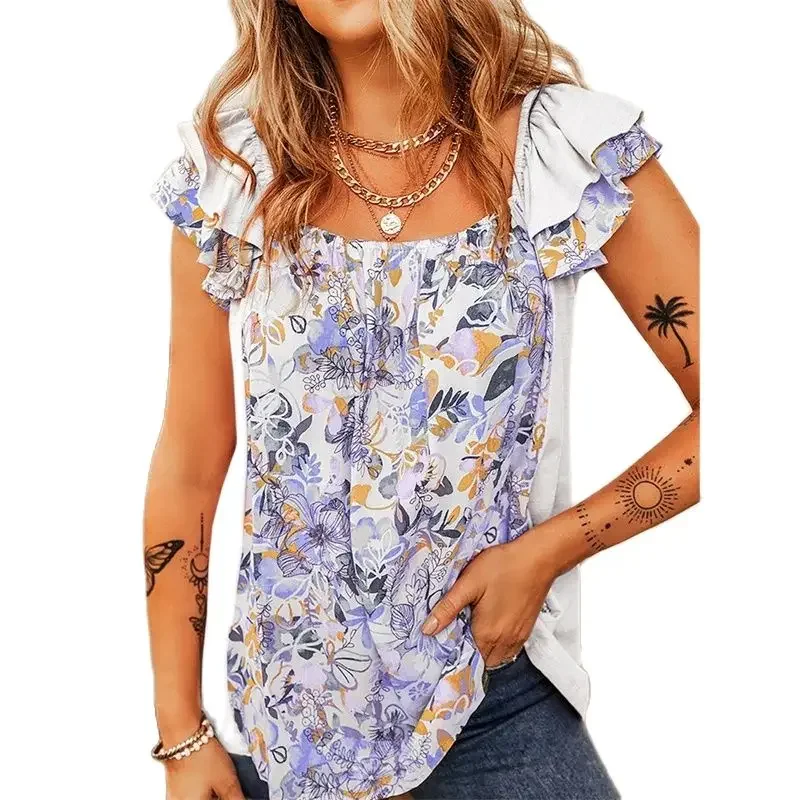 

Elegant Botanical Flower Print Double Ruffle Sleeve T-Shirt Women Sweet Style Casual Square Neck Tops Female Summer Casual Tees