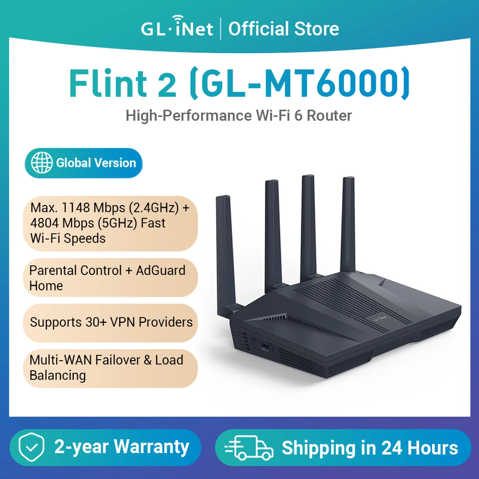 GL.iNet Flint 2 (GL-MT6000) home and office router, 8-Stream Wi-Fi