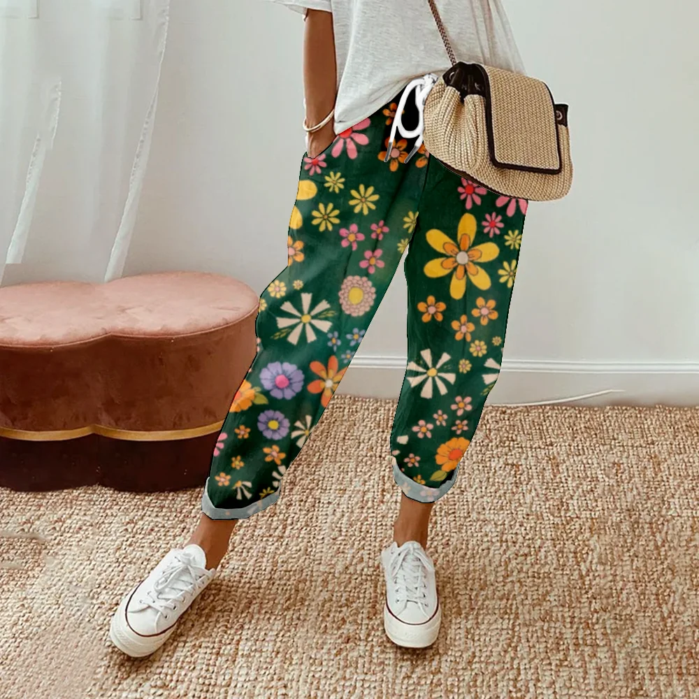 Summer Elegant Floral Print Pants Fashion Women Casual Elastic Waist Harem Pants Y2k Clothes Loose Office Trousers Streetwear