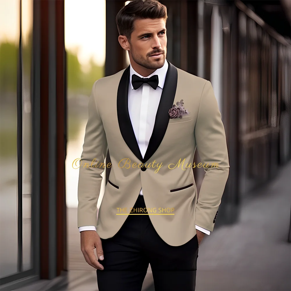 

Men's Black Shawl Lapel Khaki Jacket & Black Pants 2 Piece Suit, Classic and High End Formal Wedding Wear - Tailored Suit