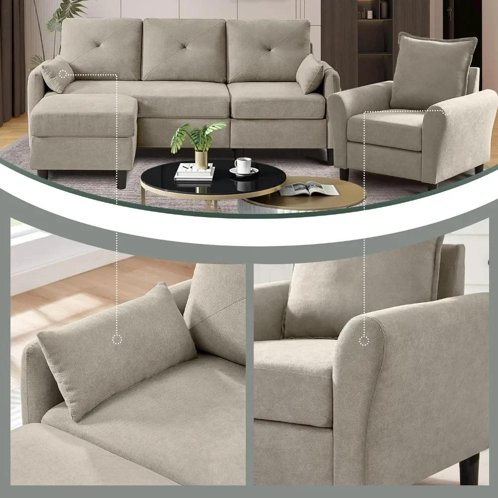 2 Piece Convertible Sectional Sofa Set for Living Room, 3-Seat L Shaped Couch with Ottoman Side Pocket Single Seat Accent Chair
