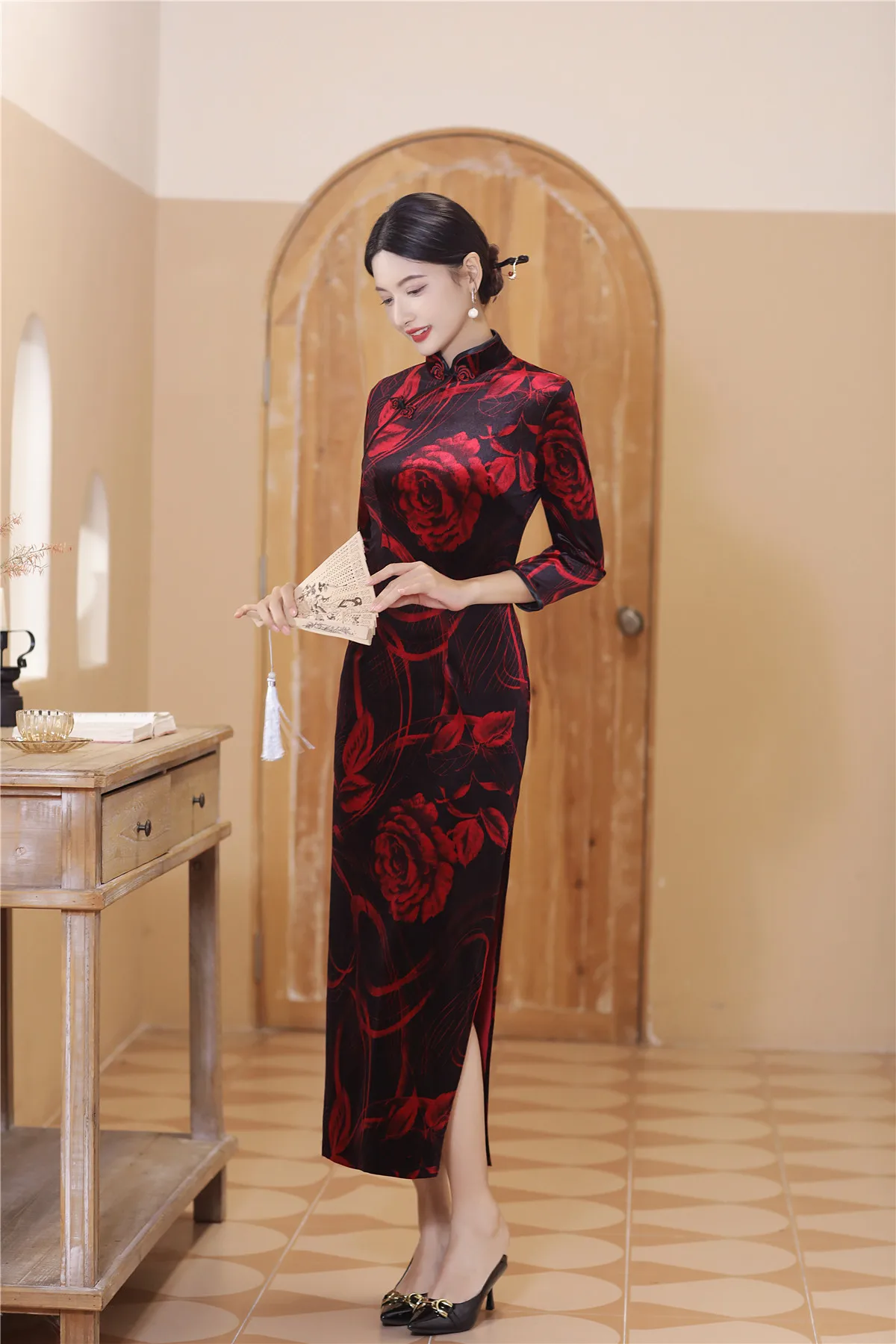 fitted lace wedding dress 3/4 Sleeve Tea Length Velvet Traditional Cheongsam Chinese Dress Burgundy / 4XL main image 1