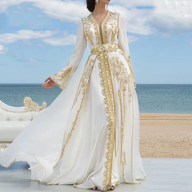 Koendye Daudi Saudi Arab Evening Dresses Golden Lace Appliques Moroccan Kaftan Dubai Mother Dress Arabic Muslim Special Occasion moroccan kaftan caftan muslim evening dresses a line long sleeves tulle appliques beading dubai arabic turkey abaya islamic gown