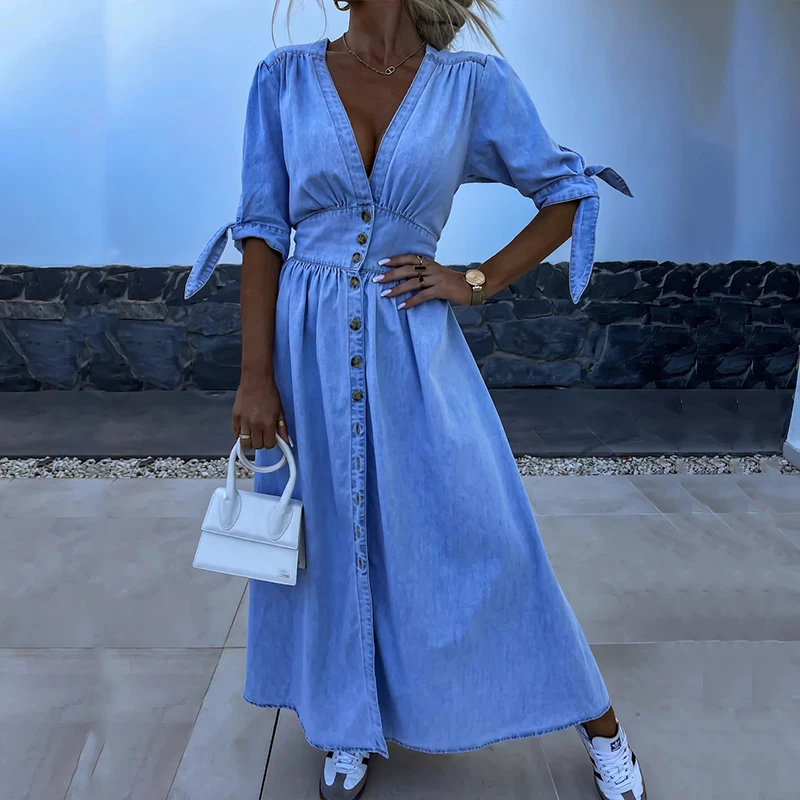 

Elegant Summer Short Sleeve V-Neck Split Dresses Chic Women High Waist Button Denim Dress Casual Short Sleeve Loose Party Dress