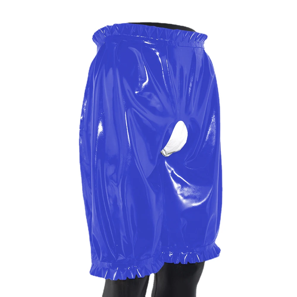 Mens Sexy Open Crotch Shiny PVC Leather Knee-Length Bloomers Pants Male High Waist Crotchless Loose Shorts Sissy Exotic Clothing