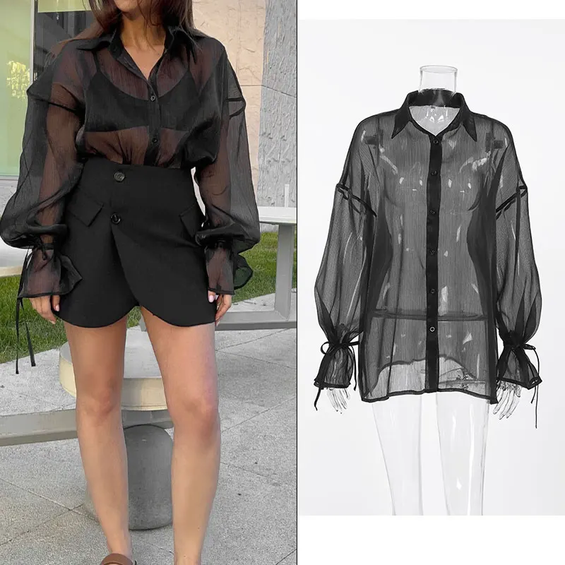 

Summer New See-Through Long-Sleeved Shirt With Sexy Single Breasted Lapel Puffed Sleeve Ladies Top Black Ladies Shirt