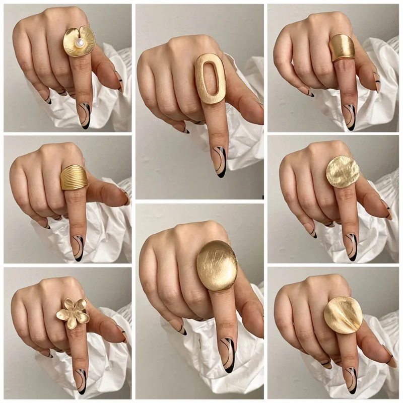 

Matte Chunky Gold Color Finger Ring Charm Jewelry Fashion Elastic Rope Adjustable Rings For Women Men Irregular Geometric