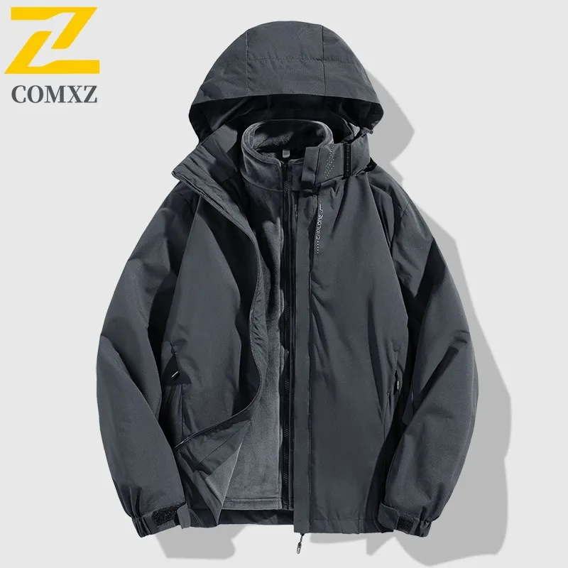 COMXZ Men Adventure Jacket Thickened Outdoor Windproof Motorcycle Jacket Fashion Hooded 3-in-1 Lightweight Winter Clothing