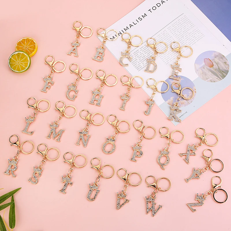

Luxury Crown 26 Letter Metal Keyring Rhinestone Initial Keychain Bag Pendant Charms DIY Accessories Birthday Gifts