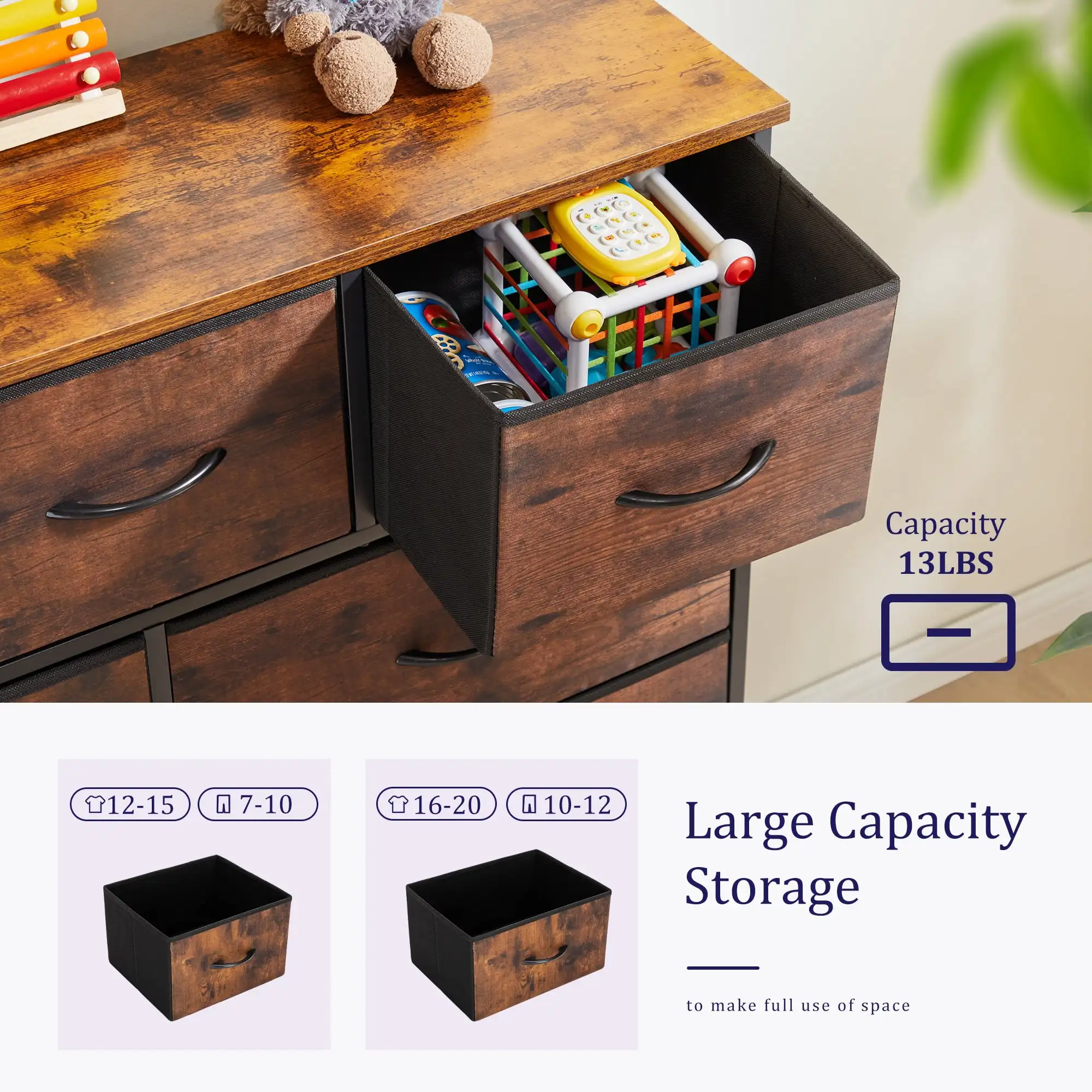9 Drawer Dresser, Wide Chest Of Drawers Nightstand Storage Tower Storage Dresser Fabric Dresser With Wood Top 3