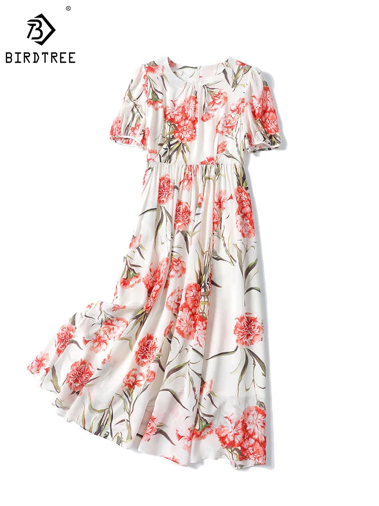 

Birdtree 100%Mulberry Silk Flower Dresses Women's French Style Puff Sleeve Belted Big Hem Dress 2023 Summer Autumn New D38489QM
