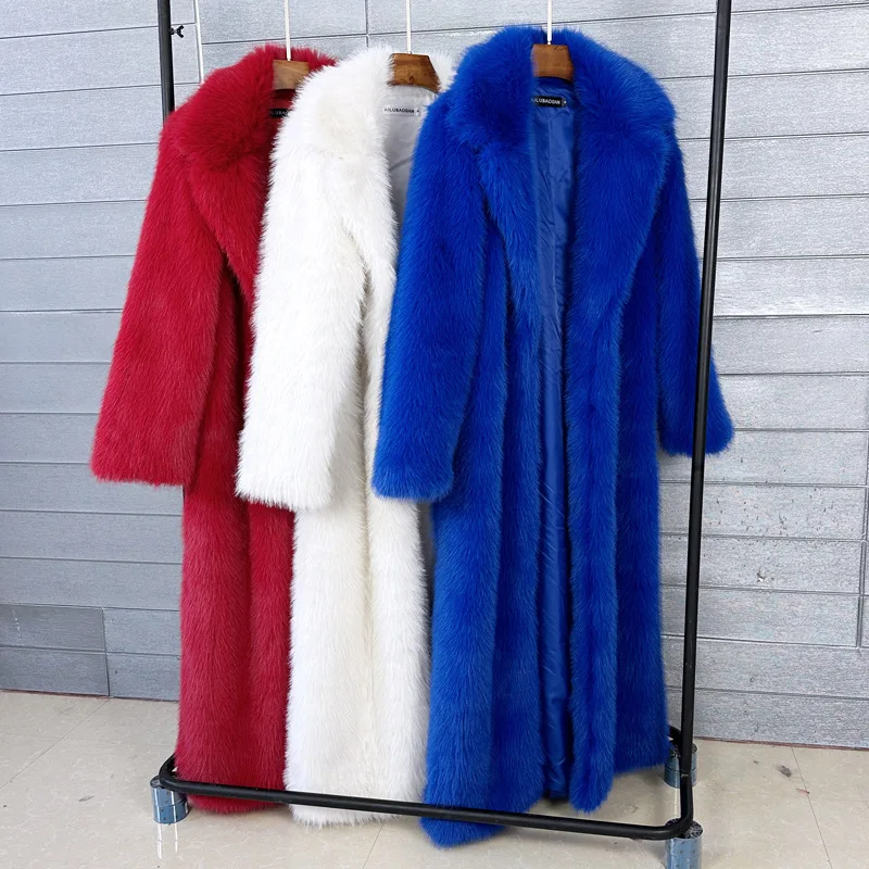 Long Faux Fur Coat Women Autumn Winter Large Jacket Overcoat White Turn Down Collar Pockets Thick Coat Warm Jackets Maxi Coats