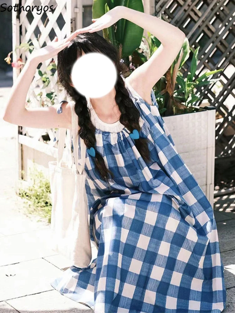 

Женские платья без рукавов в клетку простые базовые повседневные милые универсальные повседневные винтажные распространенные удобные для снижения возраста в Корейском стиле